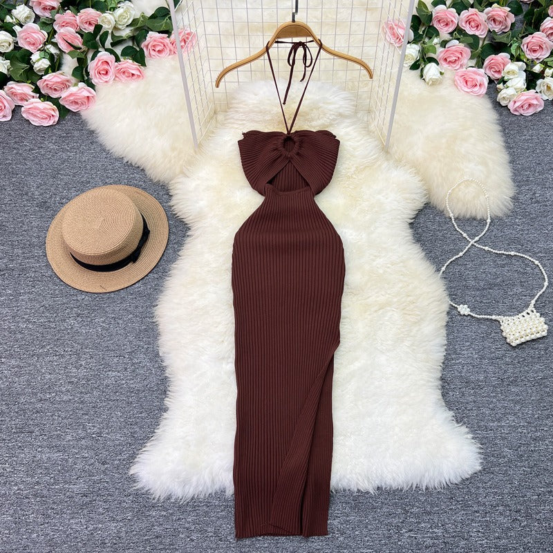 Halter Crochet Bodycon Dress Cut Out Sexy Split Dresses Off Shoulder Backless Party Vestido Korean Women Chic Fashion Robe Y2k