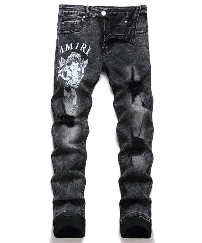 Men's Spring Summer Retro Blue Hole Jeans Punk Slim Stretch Appliques Small Feet High Street Hip-Hop Fashion Casual Brand Jeans