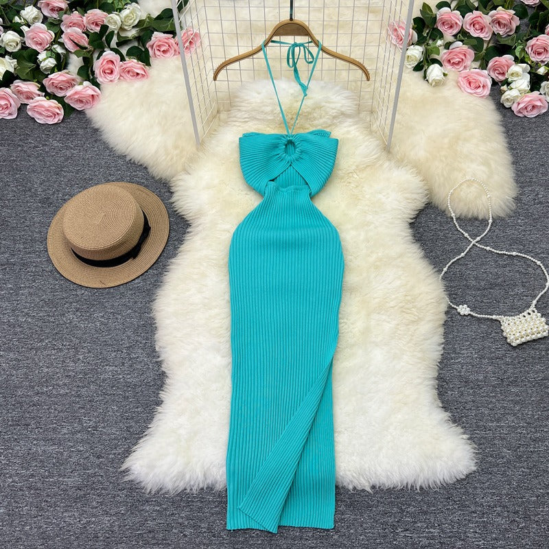 Halter Crochet Bodycon Dress Cut Out Sexy Split Dresses Off Shoulder Backless Party Vestido Korean Women Chic Fashion Robe Y2k