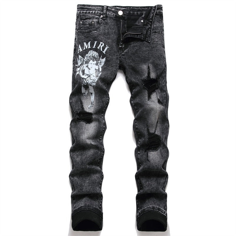 Men's Spring Summer Retro Blue Hole Jeans Punk Slim Stretch Appliques Small Feet High Street Hip-Hop Fashion Casual Brand Jeans