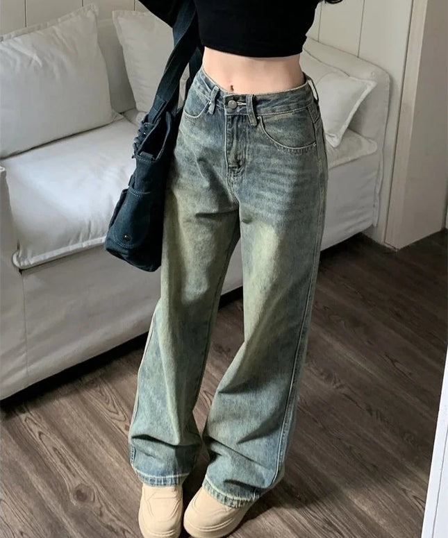 Deeptown Y2k Wide Leg Jeans Women Vintage Streetwear Washed Denim Pants Grunge Basic Slouchy Blue Trousers Femme Autumn