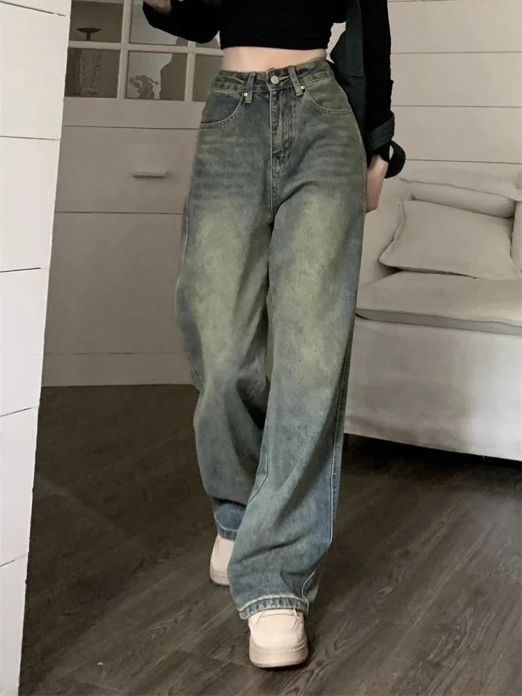 Deeptown Y2k Wide Leg Jeans Women Vintage Streetwear Washed Denim Pants Grunge Basic Slouchy Blue Trousers Femme Autumn