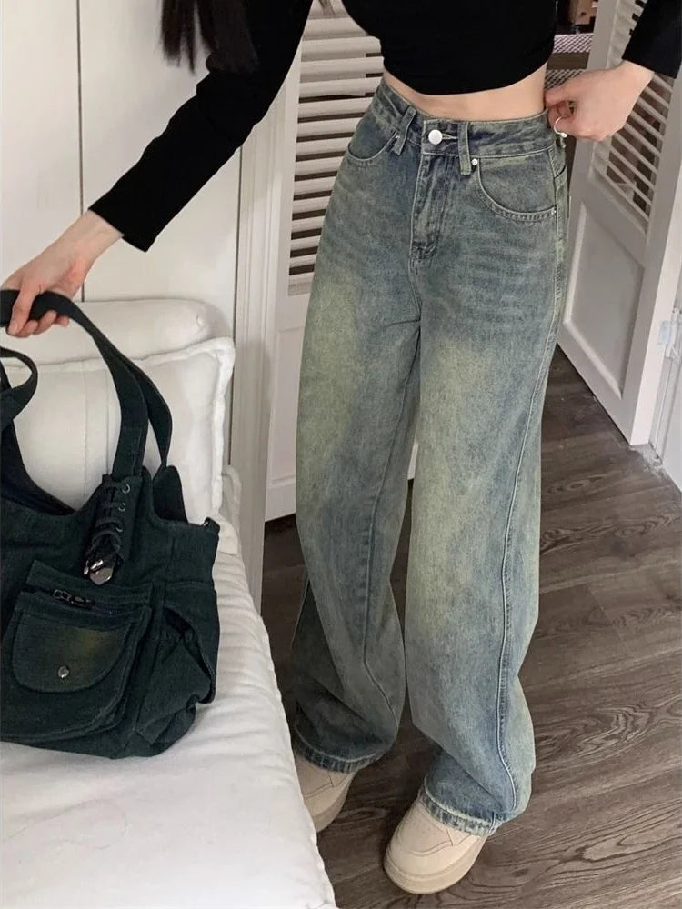 Deeptown Y2k Wide Leg Jeans Women Vintage Streetwear Washed Denim Pants Grunge Basic Slouchy Blue Trousers Femme Autumn