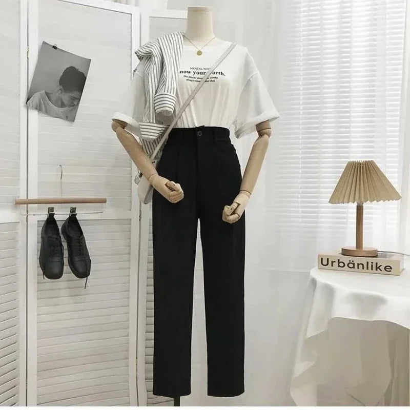 Fashion Elastic High Waist Pants Women 2023 Spring Casual Loose Straight Black Trouser Female Nine Points Suit Pant Streetwear