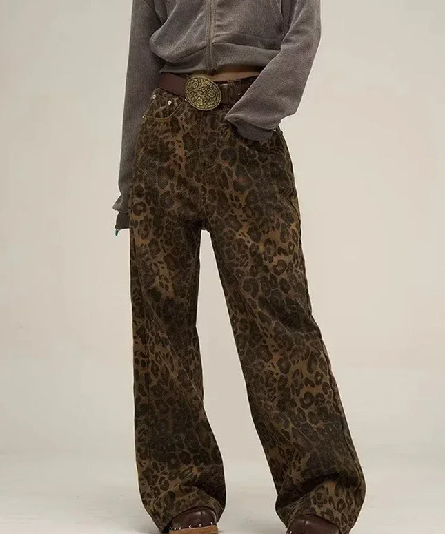 HOUZHOU Tan Leopard Jeans Women Denim Pants Female Oversize Wide Leg Trousers Streetwear Hip Hop Vintage Clothes Loose Casual