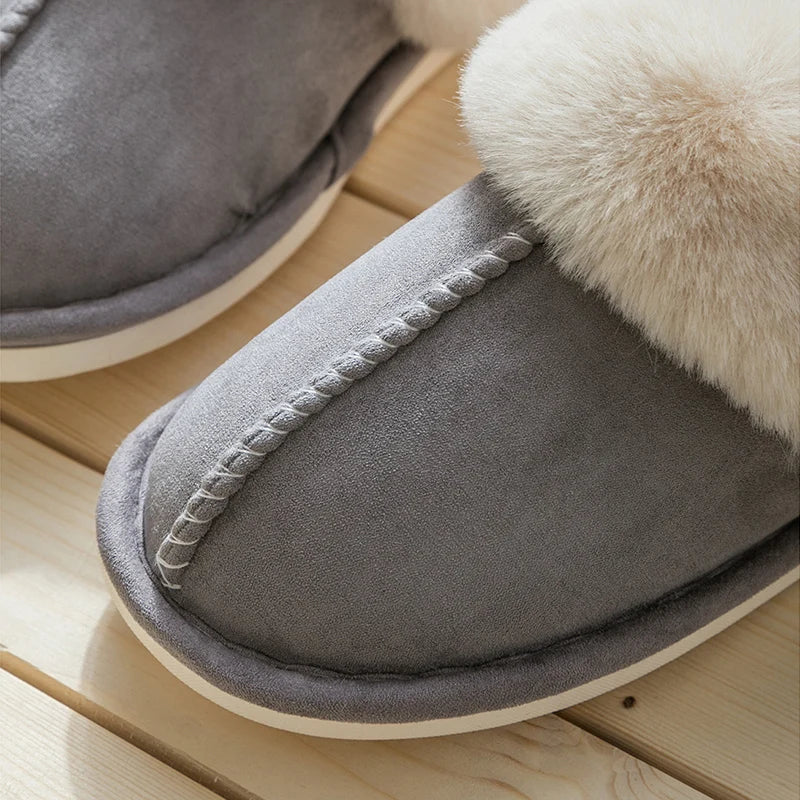 Warm Fur Indoor Home Slippers Women 2023 Winter Soft Plush Couple Cotton Padded Shoes Comfy Anti-Slip Flat Fluffy Slippers Woman