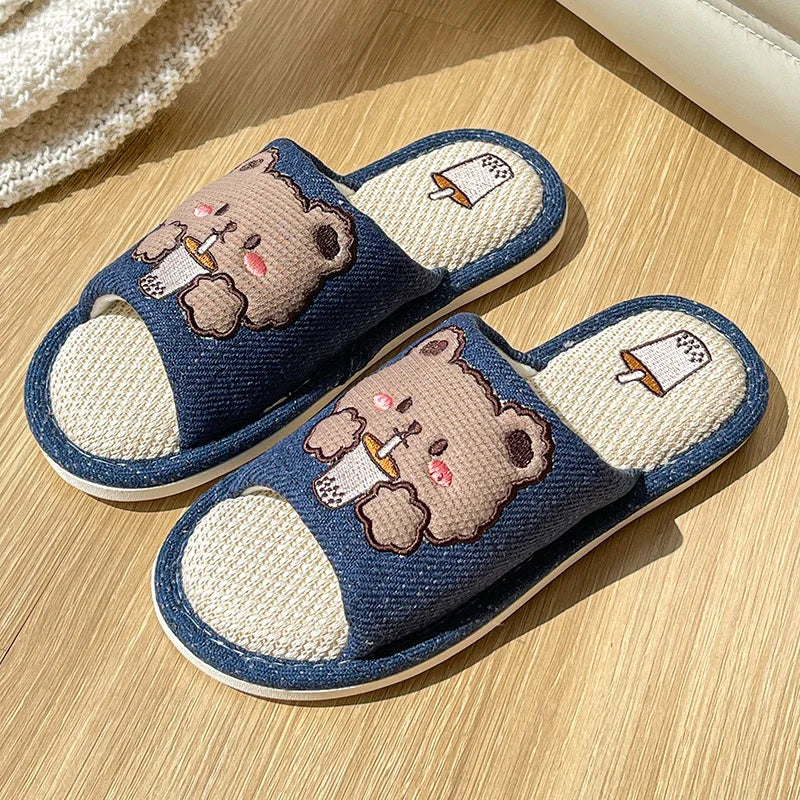 Comwarm Cute Cartoon Slippers For Women Summer Linen Woman' s Slippers Men Falt Flip Flops Indoor Home Non-Slip Cotton Slippers