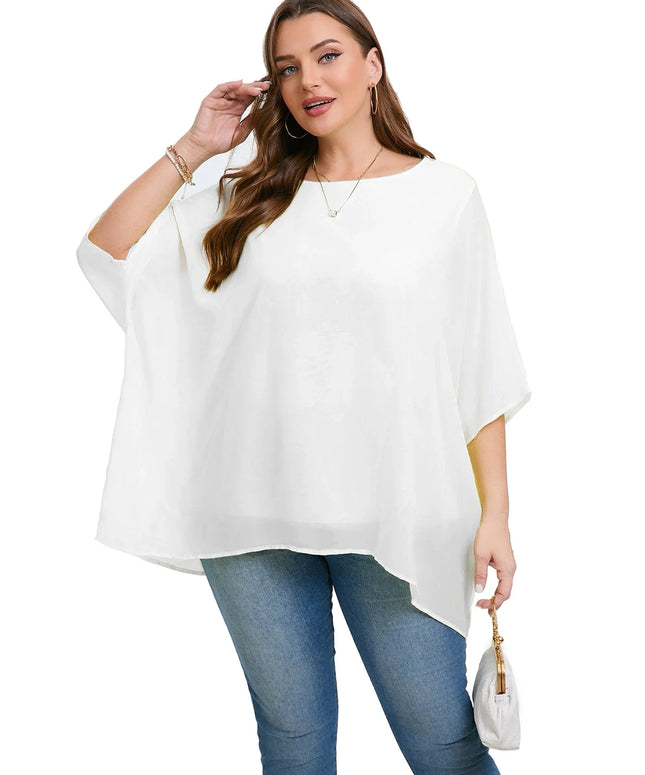 Womens Plus Size Elegant Summer Blouse Batwing Sleeve Oversized Chiffon Blouse Scoop Neck Large Size Casual Tunic Top Shirt 4XL