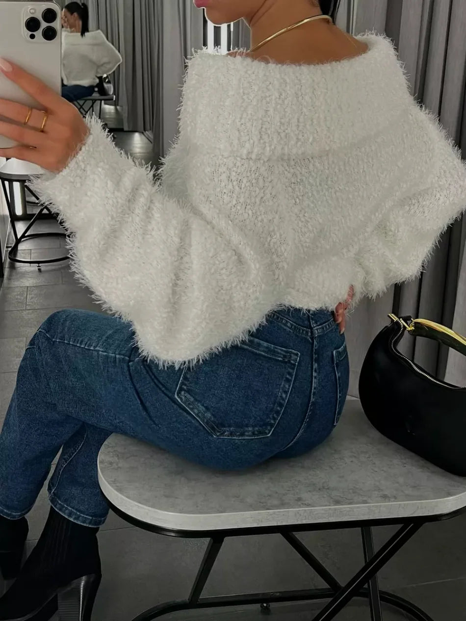 Sexy Women's knitted Sweater with Open Shoulders Autumn Winter Long Sleeve gray Fluffy Sweaters for Women Solid Oversize Sweater