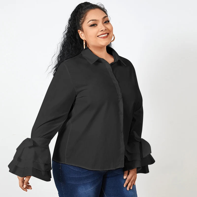 Plus Size 5XL VONDA Shirts White Blouse Women Autumn Long Flare Sleeve Tops Tunic Casual Solid Buttons Blusas Femininas