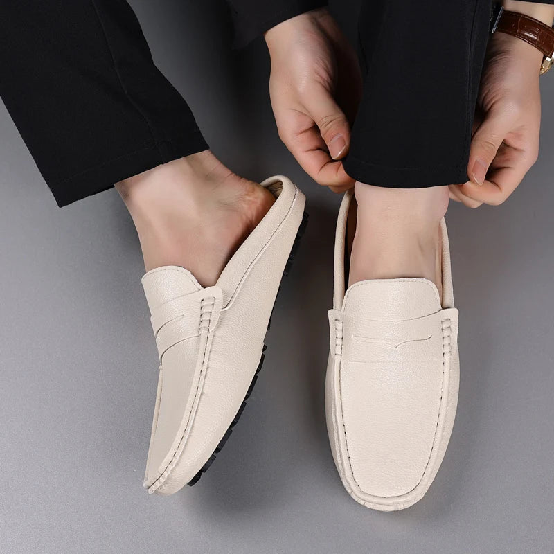 Leather Men’s Half Shoes for Men Comfortable Walking Shoe Casual Designer Shoes Slip-On Solid Color Loafers Flat Slippers 2024