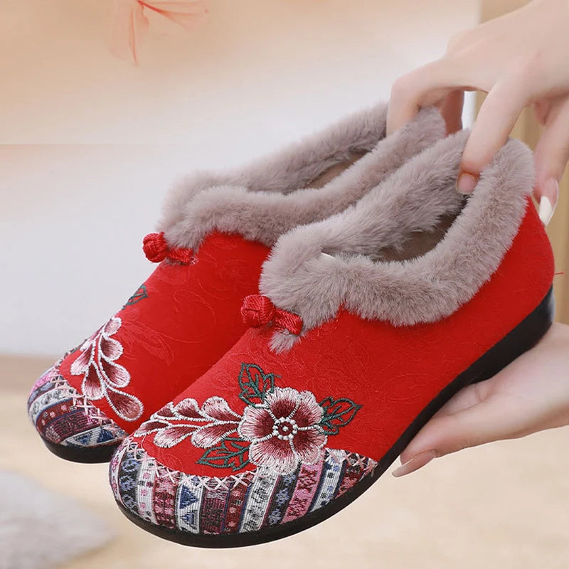 Women’s warm Plucked thickened shoes fashion embroidery patchwork shoes for lady lightweight soft comfortable non slip shoes