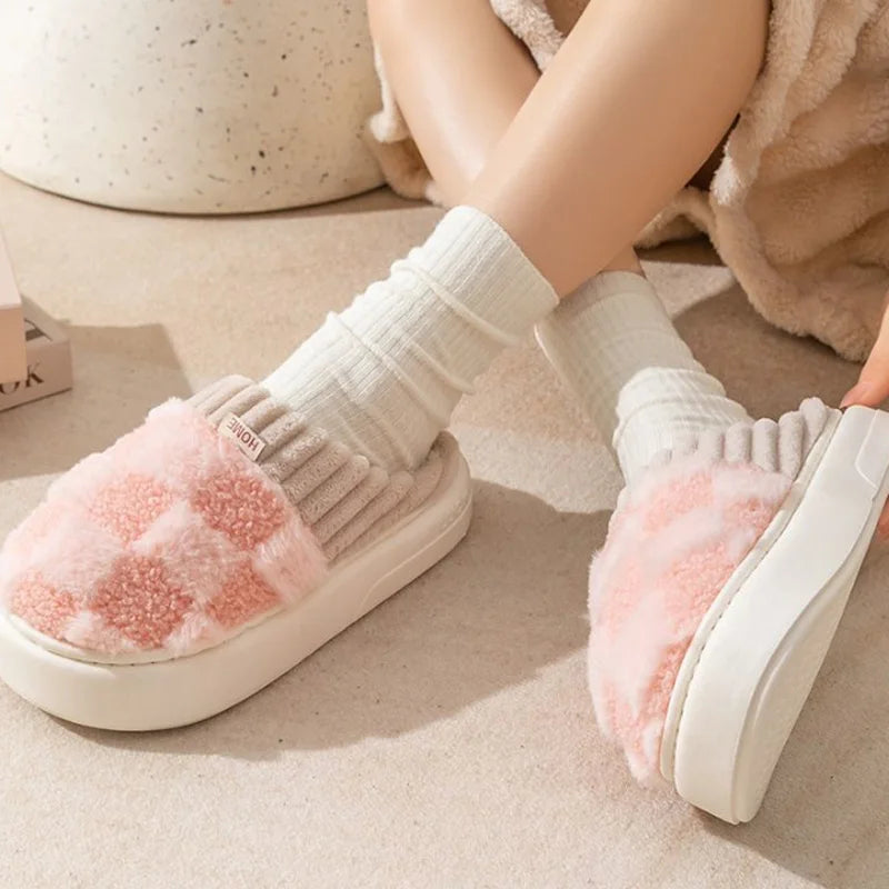 Fashion Couple Winter Slides Warm Plaid Fluffy Slippers Soft Sole Flip Flops For Women And Men Home Indoor Non-slip Cotton Shoes