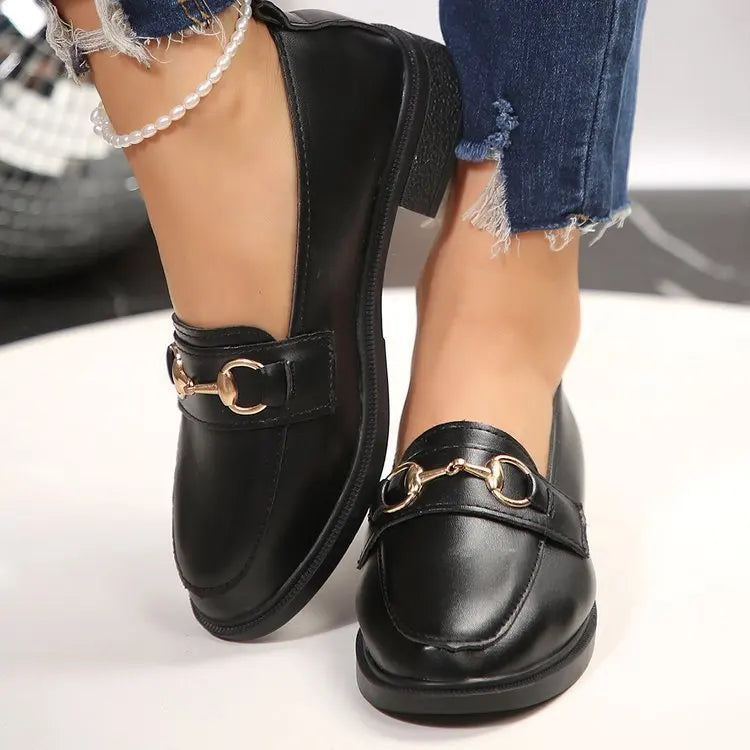 2024 Spring Women’s Leather Shoes British Style Metal Chain Black Mary Jane Low Heels Ladies Casual Loafers Plus Size 43