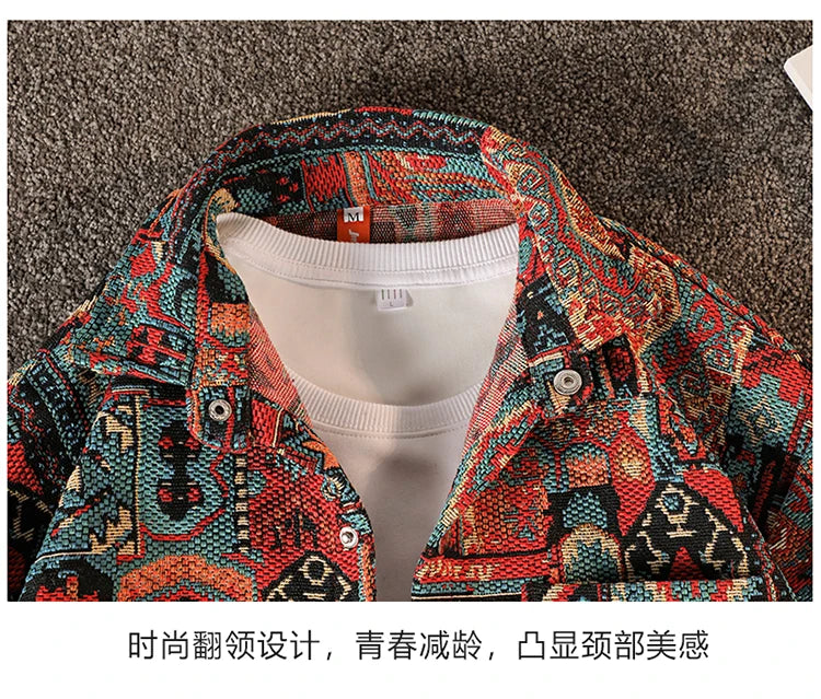 Autumn Lapel Ethnic Style Jacquard Shirt Men's Casual Loose High Street Jacket Men Tops Overcoat Shirts Male Clothes