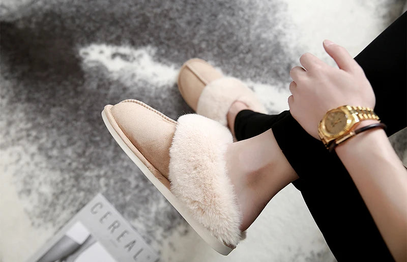 Warm Fur Indoor Home Slippers Women 2023 Winter Soft Plush Couple Cotton Padded Shoes Comfy Anti-Slip Flat Fluffy Slippers Woman