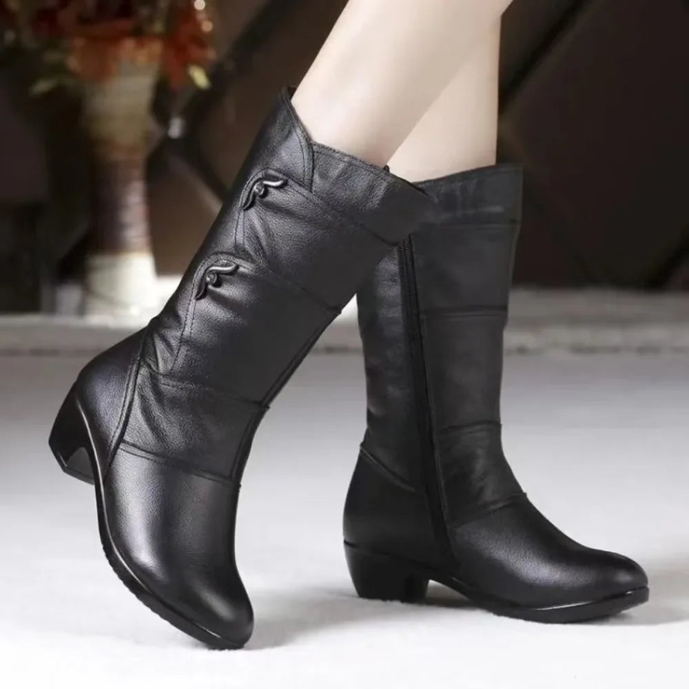 Fashion Middle Boots for Women Outdoor Anti Slip Boot Zipper Waterproof Leather Boots 2023 New Women‘s Winter Boots Botas Mujer