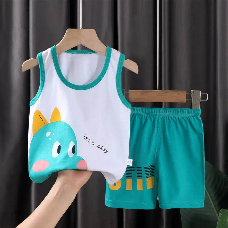 Boys Vest Set Summer Cotton New Clothes Children's Sleeveless Cartoon Wool Comfort Set Class A Thin Two-piece Set for 6-9months