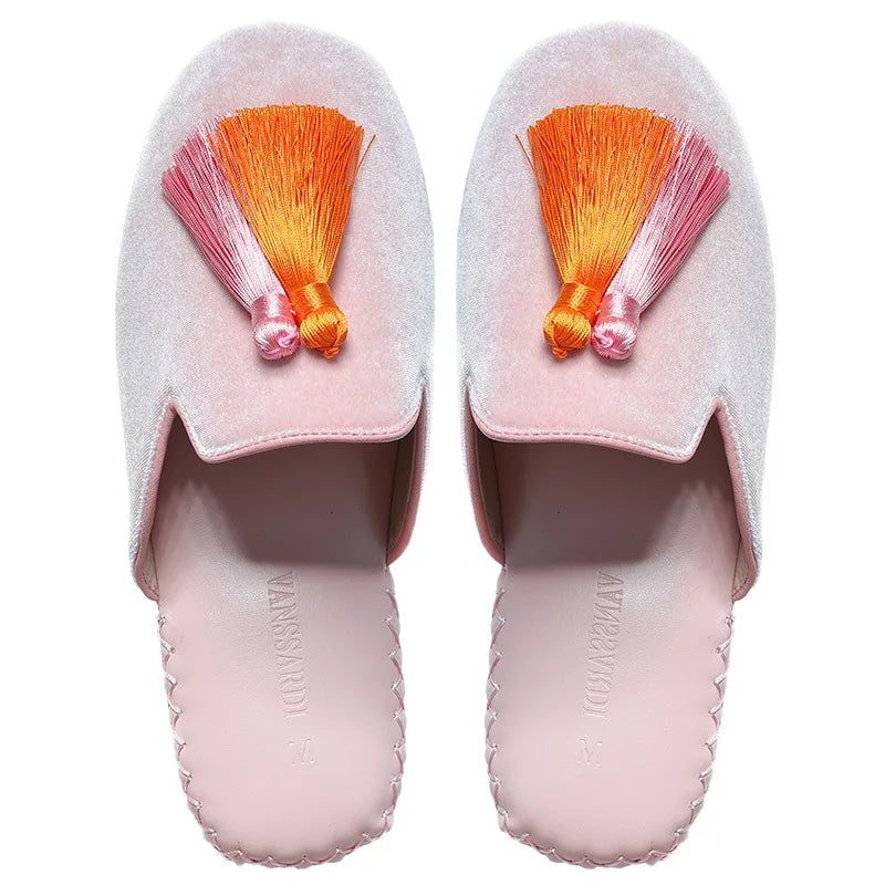 Women‘s Tassels Velvet Slippers Indoor Home Flat Shoes Wedding Slides