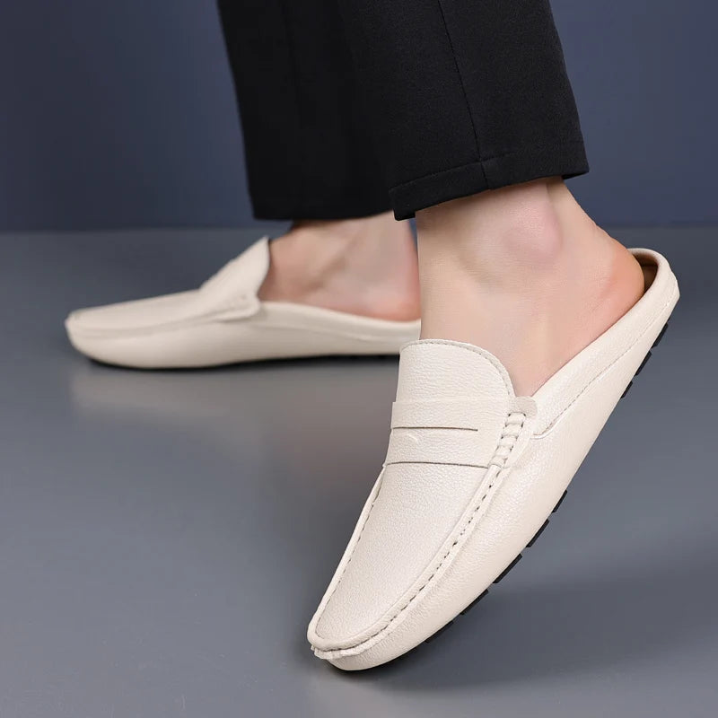 Leather Men’s Half Shoes for Men Comfortable Walking Shoe Casual Designer Shoes Slip-On Solid Color Loafers Flat Slippers 2024