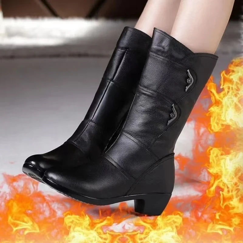 Fashion Middle Boots for Women Outdoor Anti Slip Boot Zipper Waterproof Leather Boots 2023 New Women‘s Winter Boots Botas Mujer