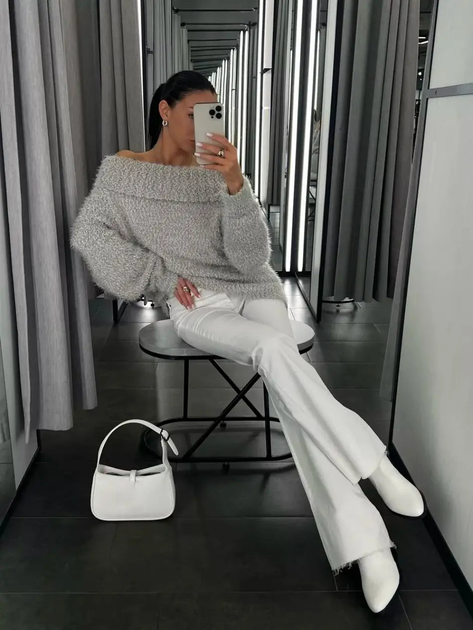 Sexy Women's knitted Sweater with Open Shoulders Autumn Winter Long Sleeve gray Fluffy Sweaters for Women Solid Oversize Sweater