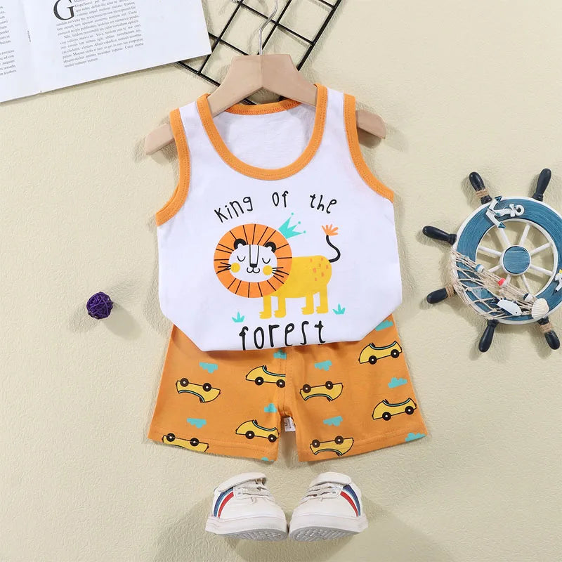 Boys Vest Set Summer Cotton New Clothes Children's Sleeveless Cartoon Wool Comfort Set Class A Thin Two-piece Set for 6-9months