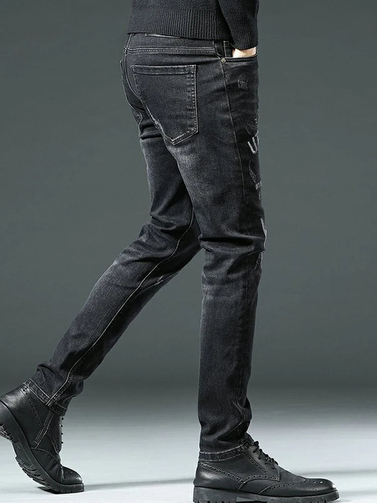 High End Stylish Classic Distinctive Printed Black Stretch Denim Jeans for Men High Quality Slim Fit Stretch Luxury Denim Pants