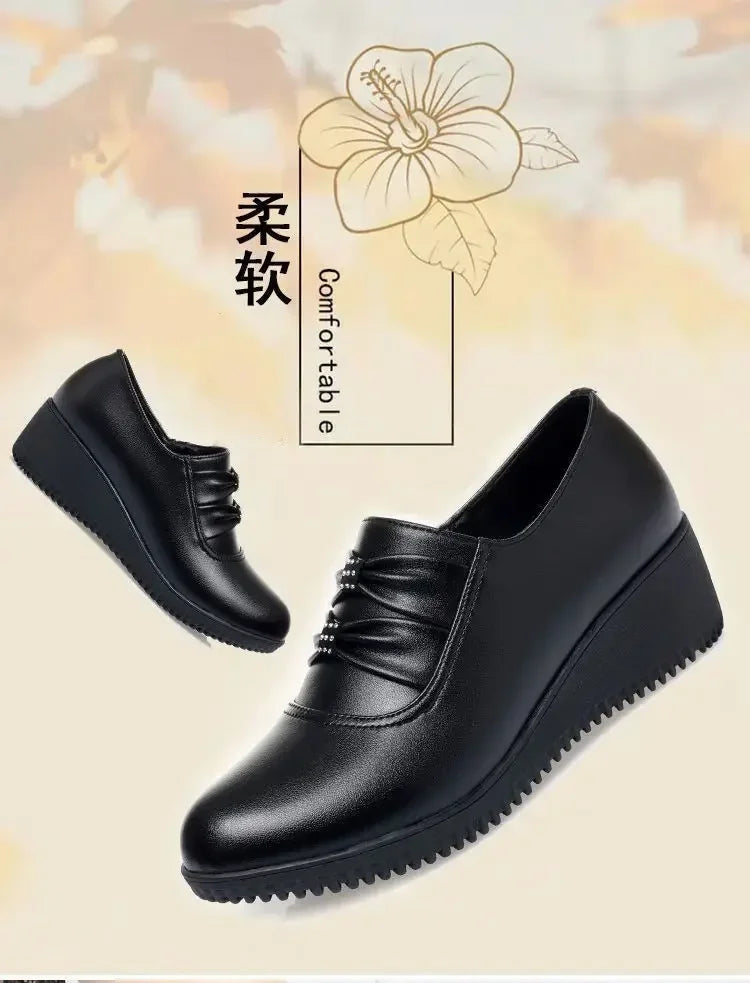 Autumn Mom PU Leather Flat Platform Winter Comfort Black Women‘s Shoes Loafers Wedges Heel Female Ballet Shoes Casual Round Head