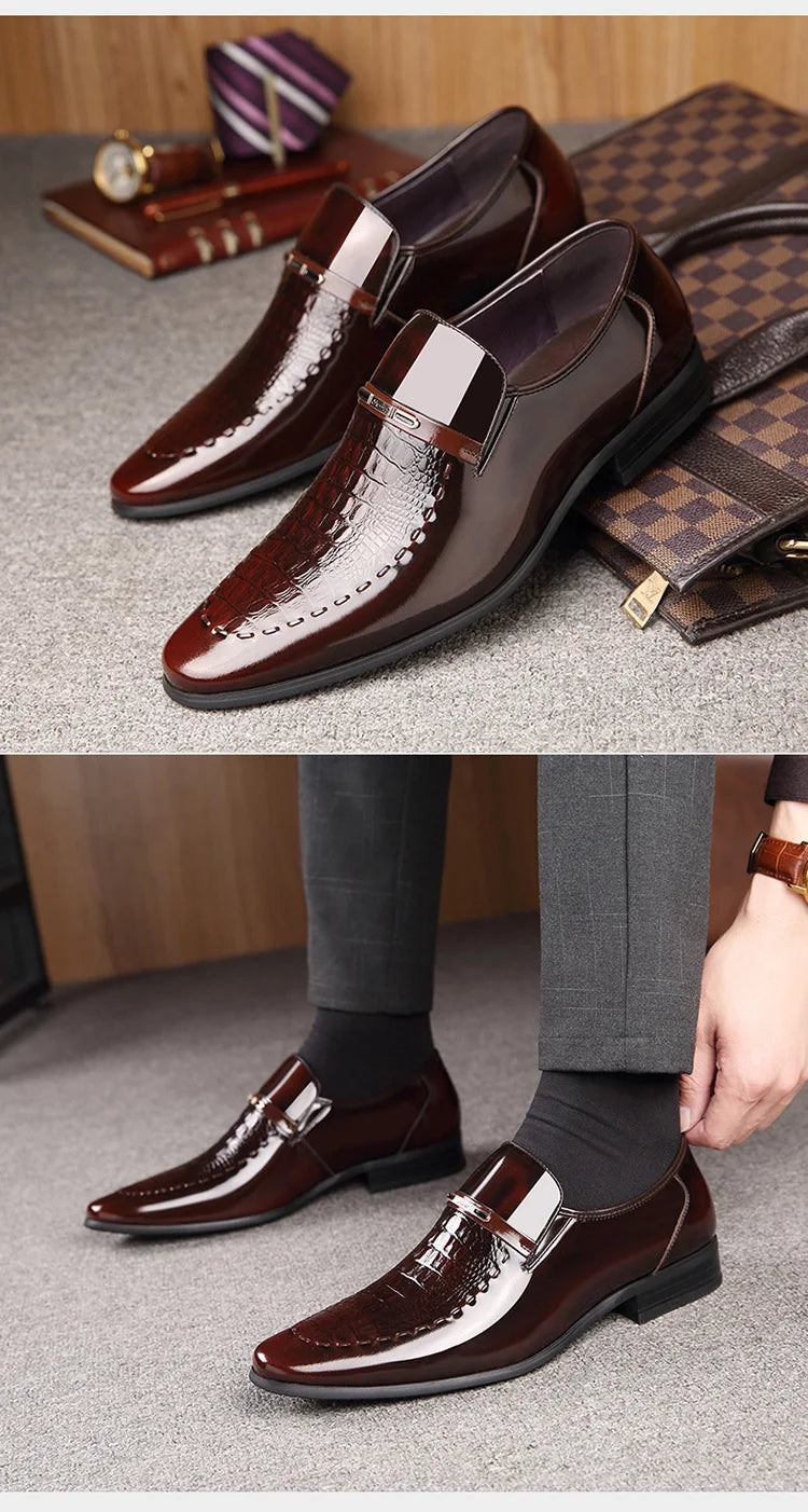 Patent Leather Business Men Shoes Formal Slip on Dress Shoes Men‘s Oxfords Footwear Alligator Pattern Leather Shoes for Man