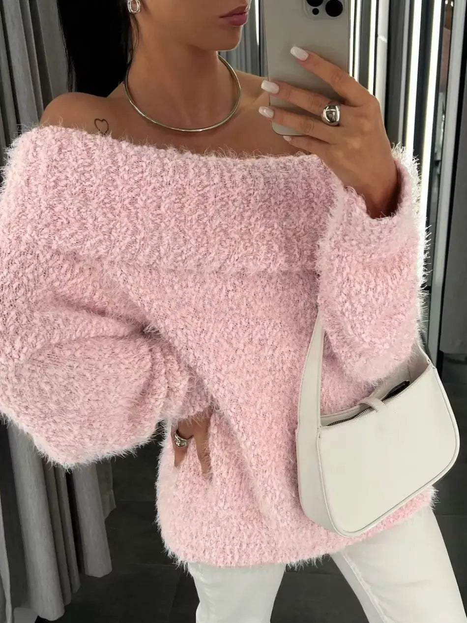 Sexy Women's knitted Sweater with Open Shoulders Autumn Winter Long Sleeve gray Fluffy Sweaters for Women Solid Oversize Sweater