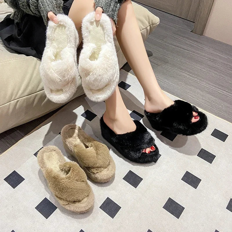 Women‘s Slippers Solid Color Shoes Outside Casual Flops Ladies Fur Slides Females 2024 High-Heels Winter Wedge Modern Slippers