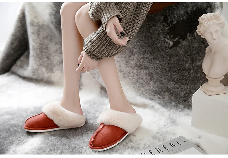 Warm Fur Indoor Home Slippers Women 2023 Winter Soft Plush Couple Cotton Padded Shoes Comfy Anti-Slip Flat Fluffy Slippers Woman