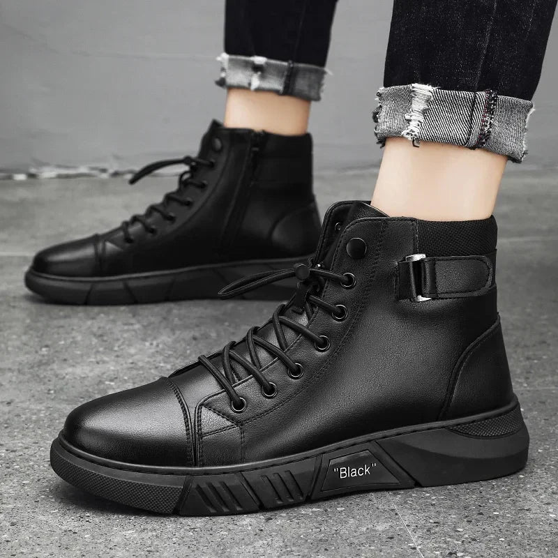 Men's Motorcycle Boots Comfortable Platform Boots Men‘s’ Outdoor High Top Leather Boots Fashion Comfortable Waterproof Men Shoes