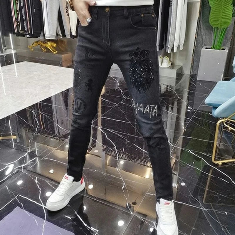 High End Stylish Classic Distinctive Printed Black Stretch Denim Jeans for Men High Quality Slim Fit Stretch Luxury Denim Pants