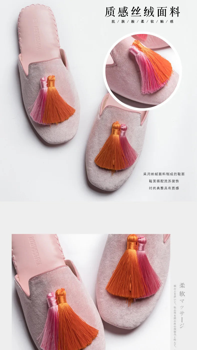 Women‘s Tassels Velvet Slippers Indoor Home Flat Shoes Wedding Slides