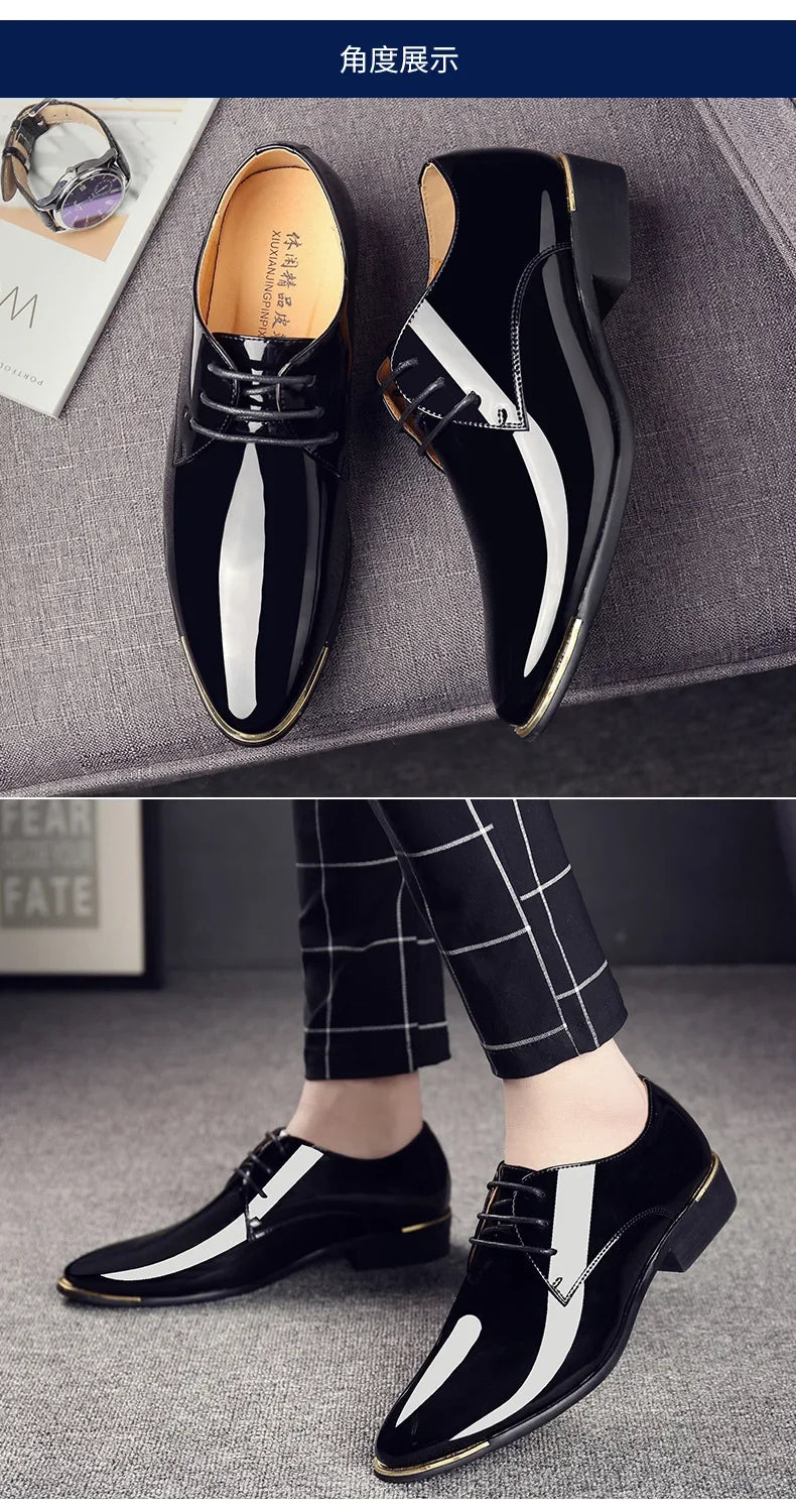 2024 New Men’s Patent Leather Shoes  British Style Men's Dress Shoes Lace Up Pointed Toe Wedding Business Party Social Shoe Male