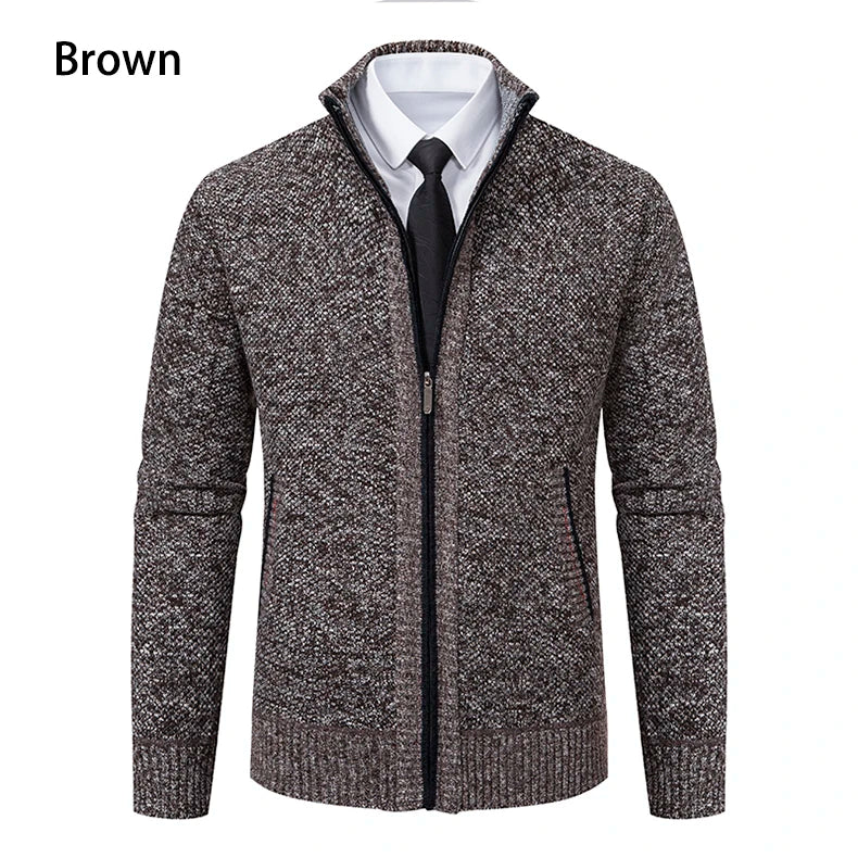 Autumn And Winter New Jersey Men's Casual Sports Coat Solid Color Stand Collar Wweater Grab Fleece Warm Zipper Cardigan