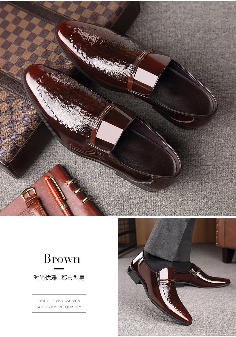 Patent Leather Business Men Shoes Formal Slip on Dress Shoes Men‘s Oxfords Footwear Alligator Pattern Leather Shoes for Man