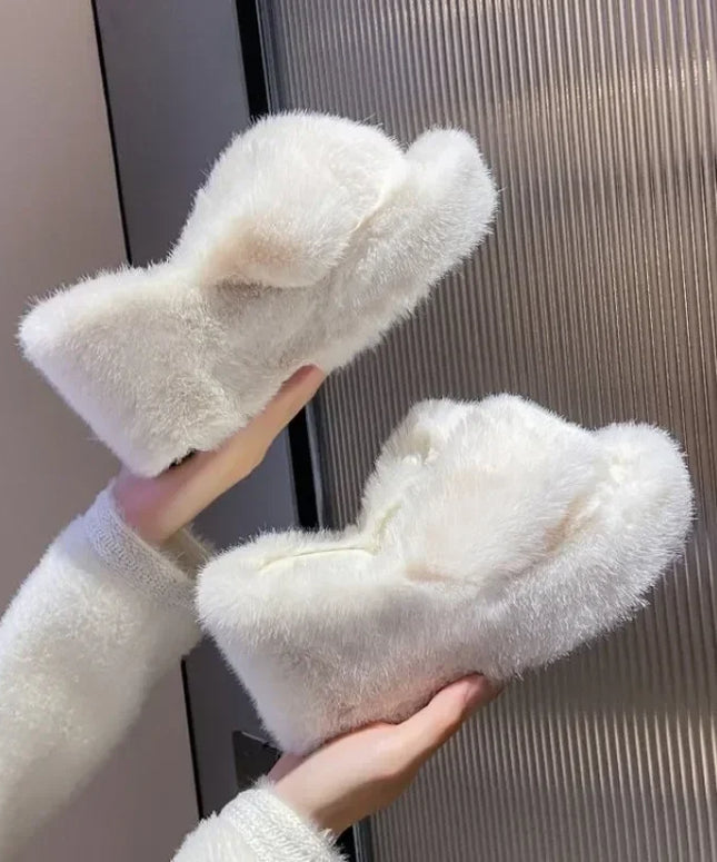 Women‘s Slippers Solid Color Shoes Outside Casual Flops Ladies Fur Slides Females 2024 High-Heels Winter Wedge Modern Slippers