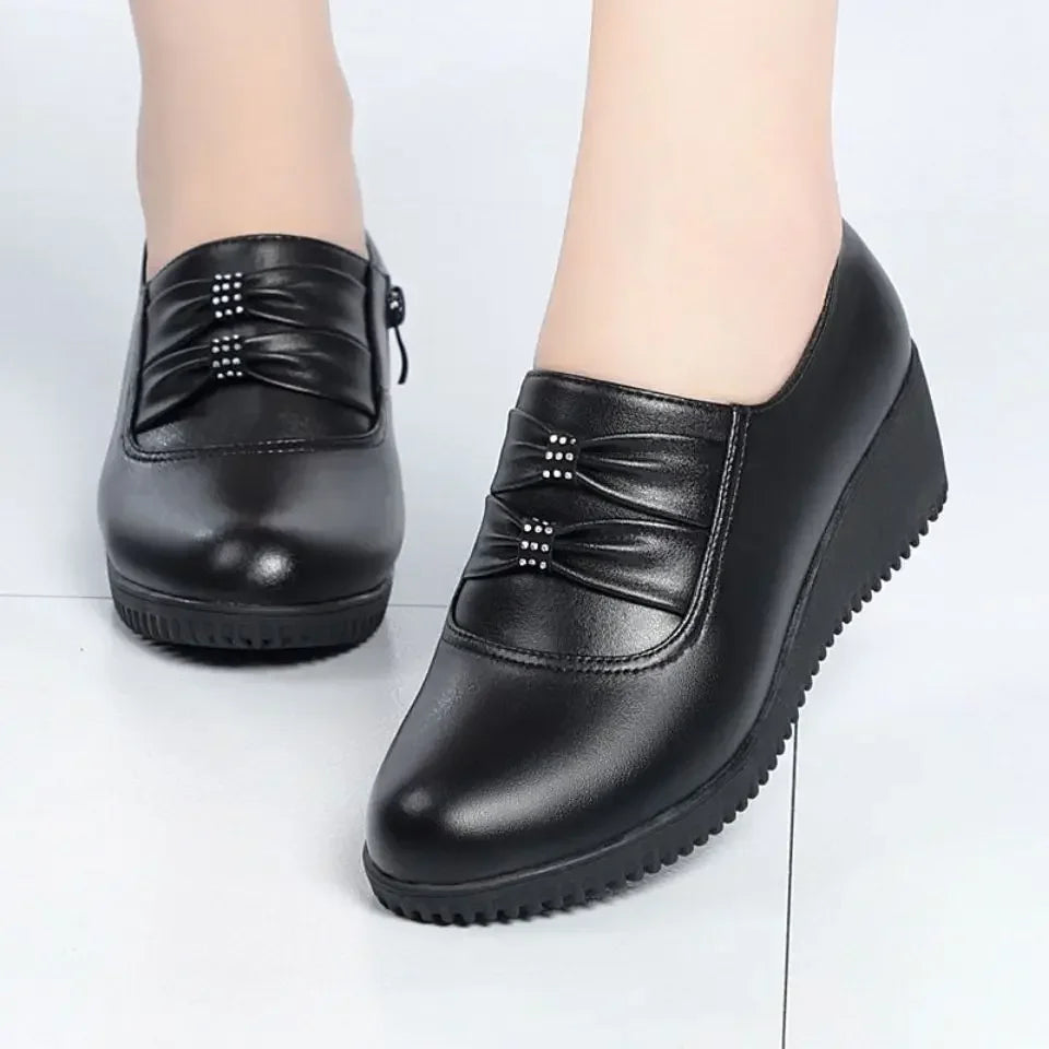 Autumn Mom PU Leather Flat Platform Winter Comfort Black Women‘s Shoes Loafers Wedges Heel Female Ballet Shoes Casual Round Head