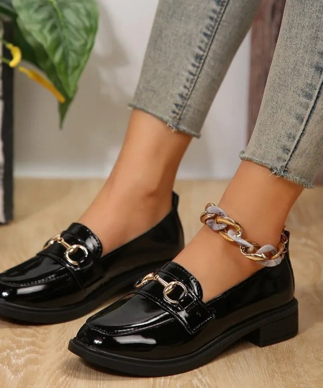 2024 Spring Women’s Leather Shoes British Style Metal Chain Black Mary Jane Low Heels Ladies Casual Loafers Plus Size 43