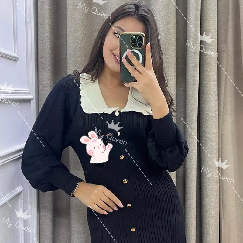 YuooMuoo Korean Fashion Knitted Sweater Dress 2024 Autumn Winter Elegant  A-line Shirt Dress Chic Lady Black Birthday Vestidos