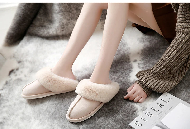 Warm Fur Indoor Home Slippers Women 2023 Winter Soft Plush Couple Cotton Padded Shoes Comfy Anti-Slip Flat Fluffy Slippers Woman