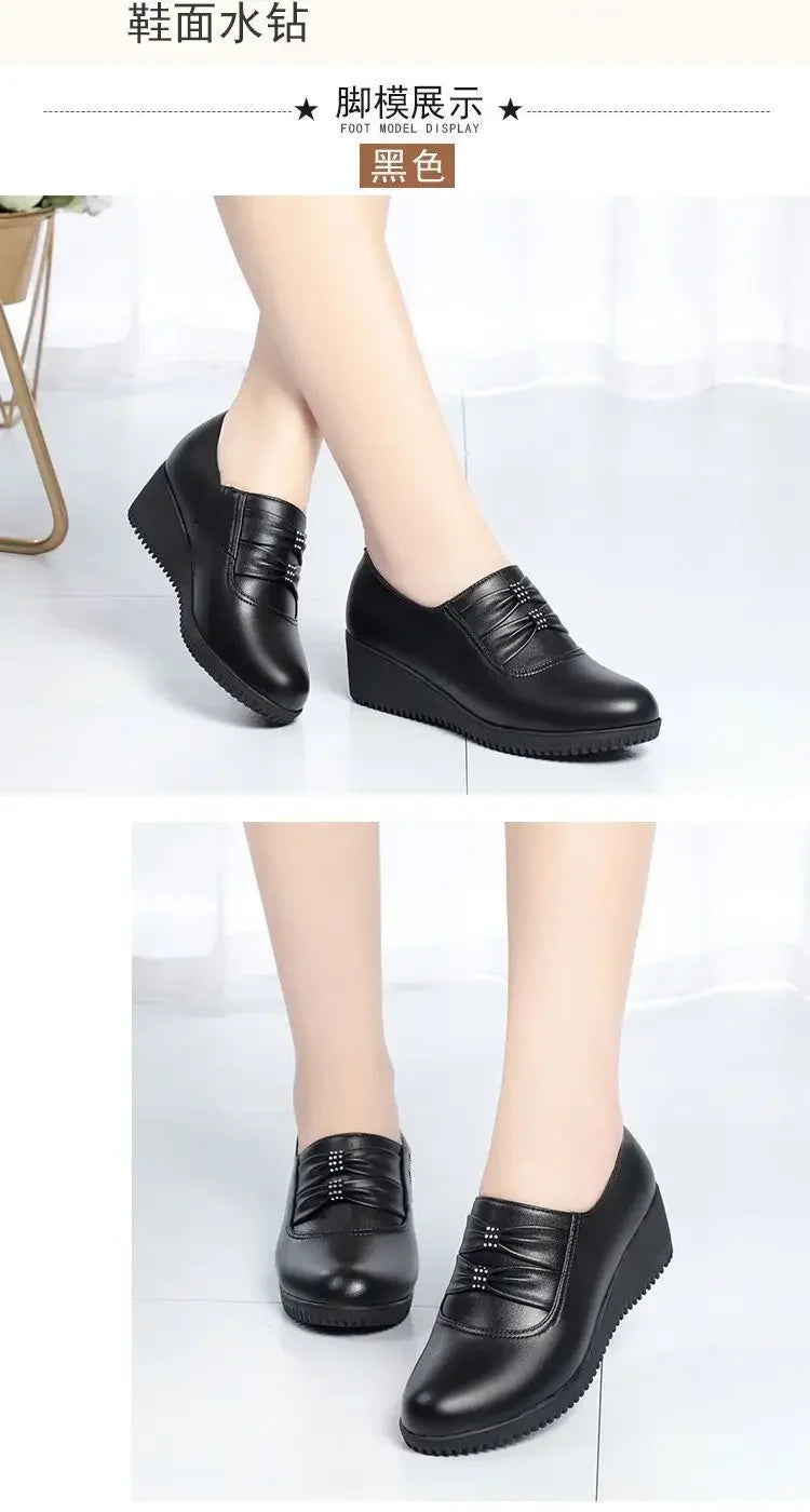 Autumn Mom PU Leather Flat Platform Winter Comfort Black Women‘s Shoes Loafers Wedges Heel Female Ballet Shoes Casual Round Head