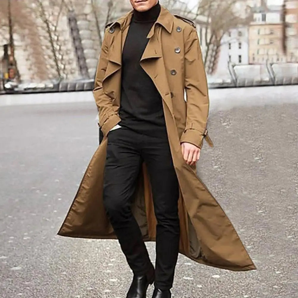 Men Trench Coat Double-breasted Lapel Windbreaker Trenchcoat Casual Loose Long Overcoat Western Extra Long Buttons Male Coat