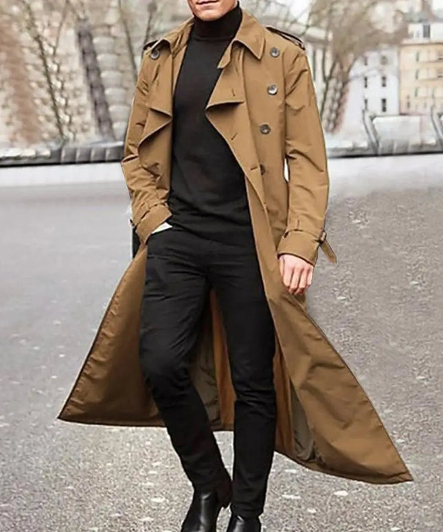 Men Trench Coat Double-breasted Lapel Windbreaker Trenchcoat Casual Loose Long Overcoat Western Extra Long Buttons Male Coat