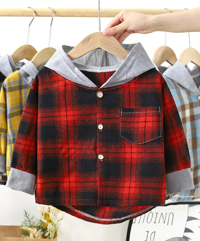 Children's Hooded Shirts Kids Clothes Baby Boys Plaid Shirts Coat for Spring Autumn Girls Long-Sleeve Jacket Bottoming Clothing