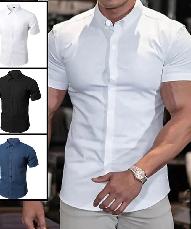 Solid Color Shirt New Summer Men's No-Ironing Shows Figure Casual Stylish Suit Short XL-XXXL Black White Navy Blue