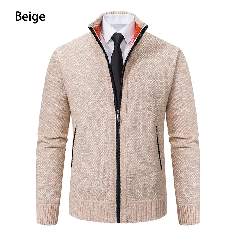 Autumn And Winter New Jersey Men's Casual Sports Coat Solid Color Stand Collar Wweater Grab Fleece Warm Zipper Cardigan